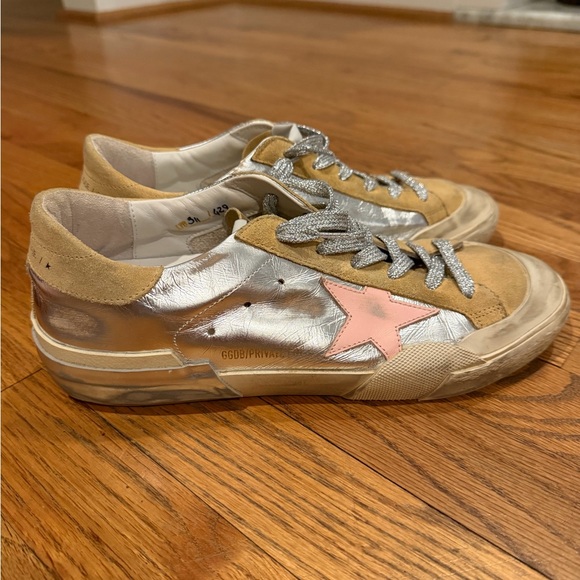 Golden Goose Silver and Tan Sneakers with Pink Accent womens size 8